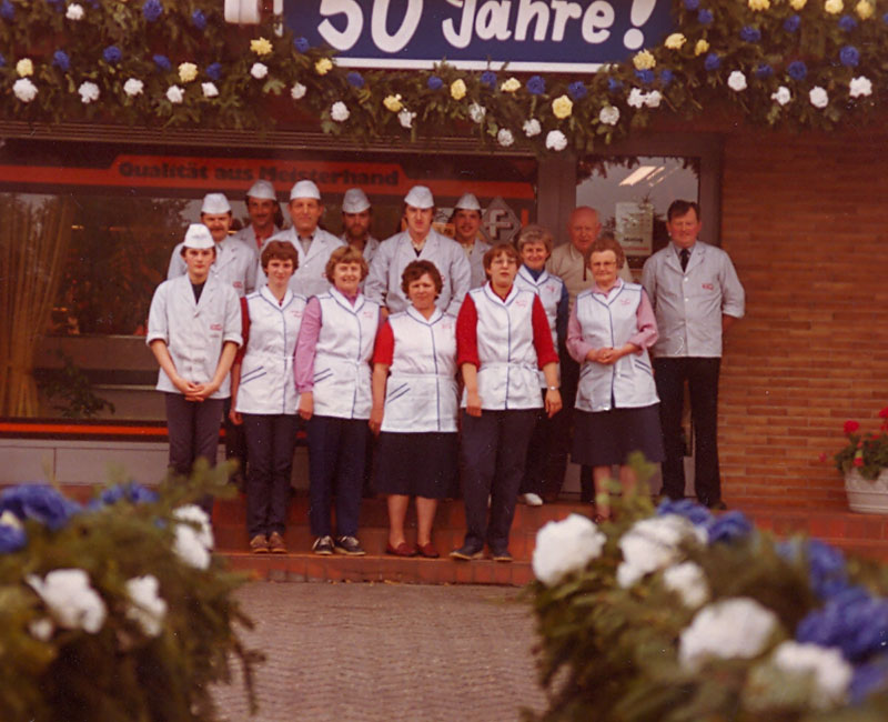 1984 - Fleischerei-Team beim 50-jährigen Firmenjubiläum
